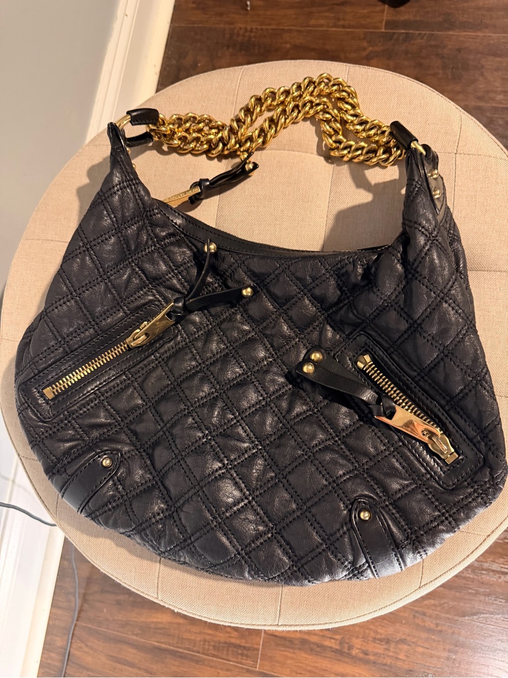 Marc Jacobs Black Leather Crossbody with Gold Chain Trim